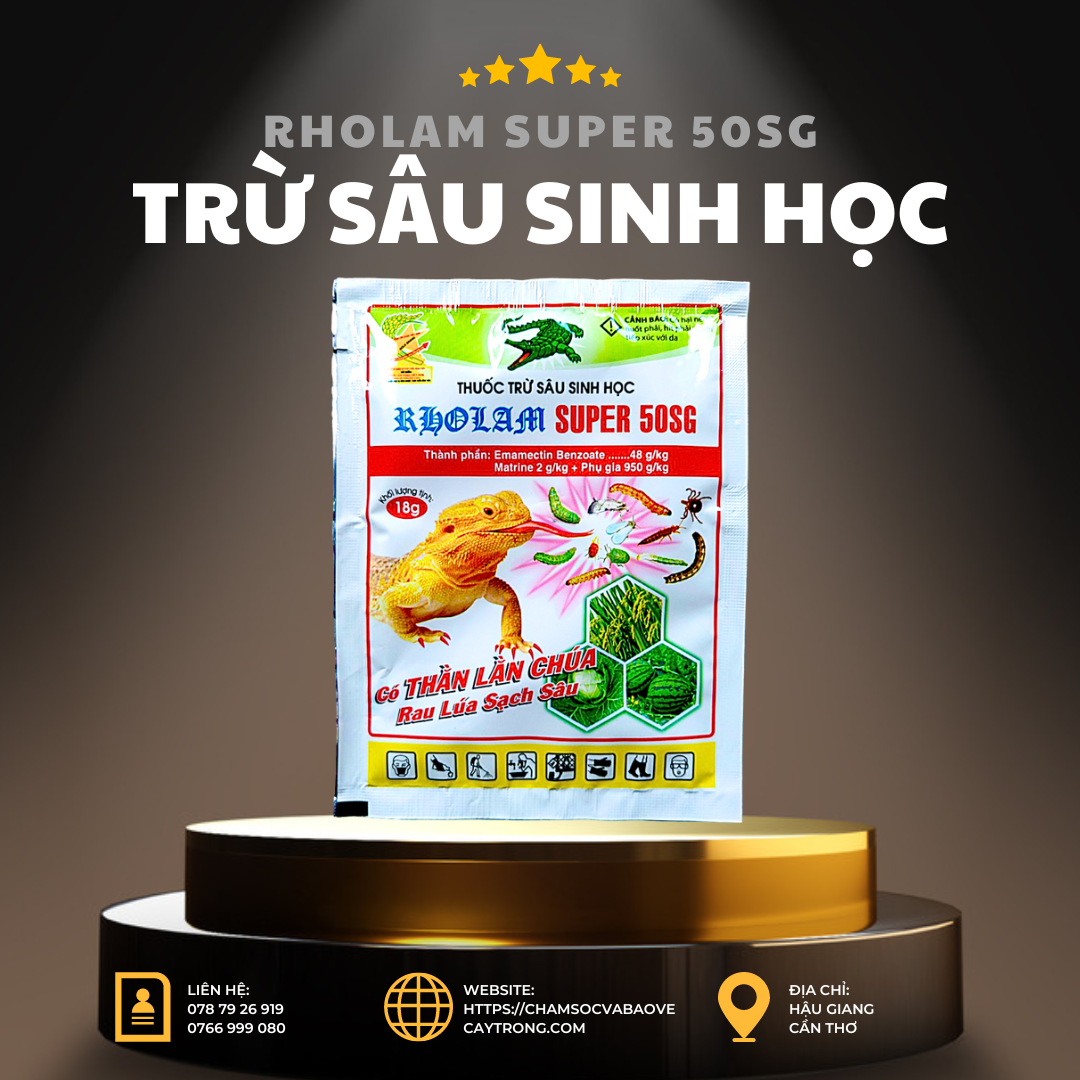 Rholam Super 50SG, Thuốc Trừ Sâu Sinh Học, Đặc Trị Sâu Ăn Lá Hoa Kiểng, Sâu Cuốn Lá Lúa, Sâu Ăn Lá Rau Má, Sâu Ăn Lá Cải, Gói 18gram Hiệu Thằn Lằn Chúa Pha 25 Lít Nước